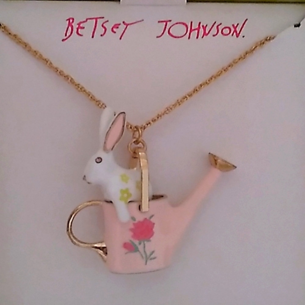 Betsey Johnson Easter Rabbit Necklace With Watering Can Bunny Pendant Pink View 2